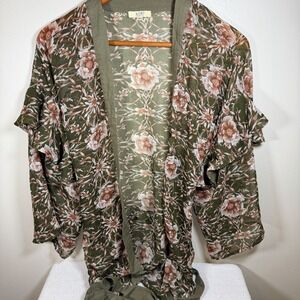 Kori America Kimono Cardigan Womens S Floral Tie Front Boho Sheer Ruffle Arm